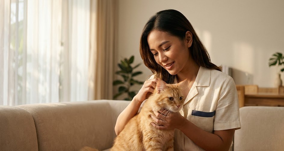 Dokter hewan Prabasavet memeriksa kucing peliharaan di rumah pemilik dengan tenang